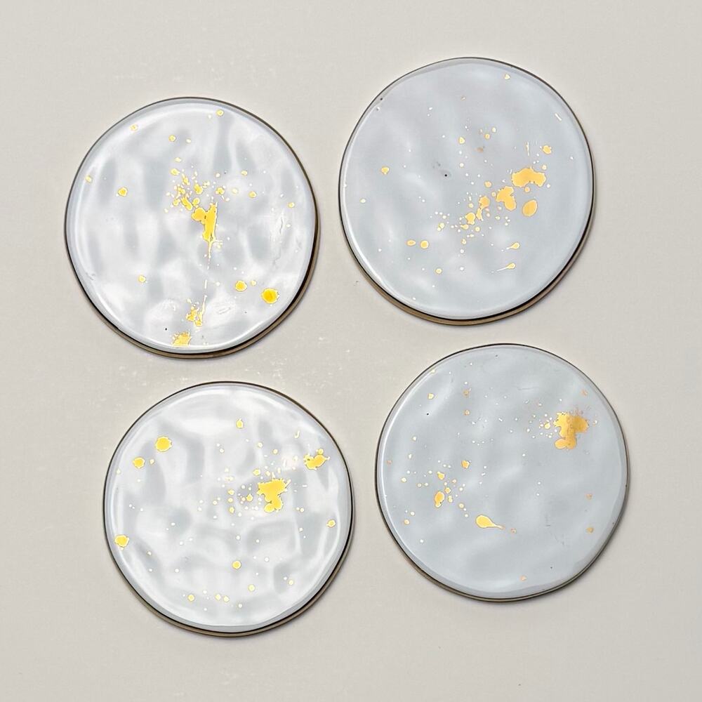 Jonathan Adler Style Gold Splatter Coasters Set of 4 White Ceramic Cork Back